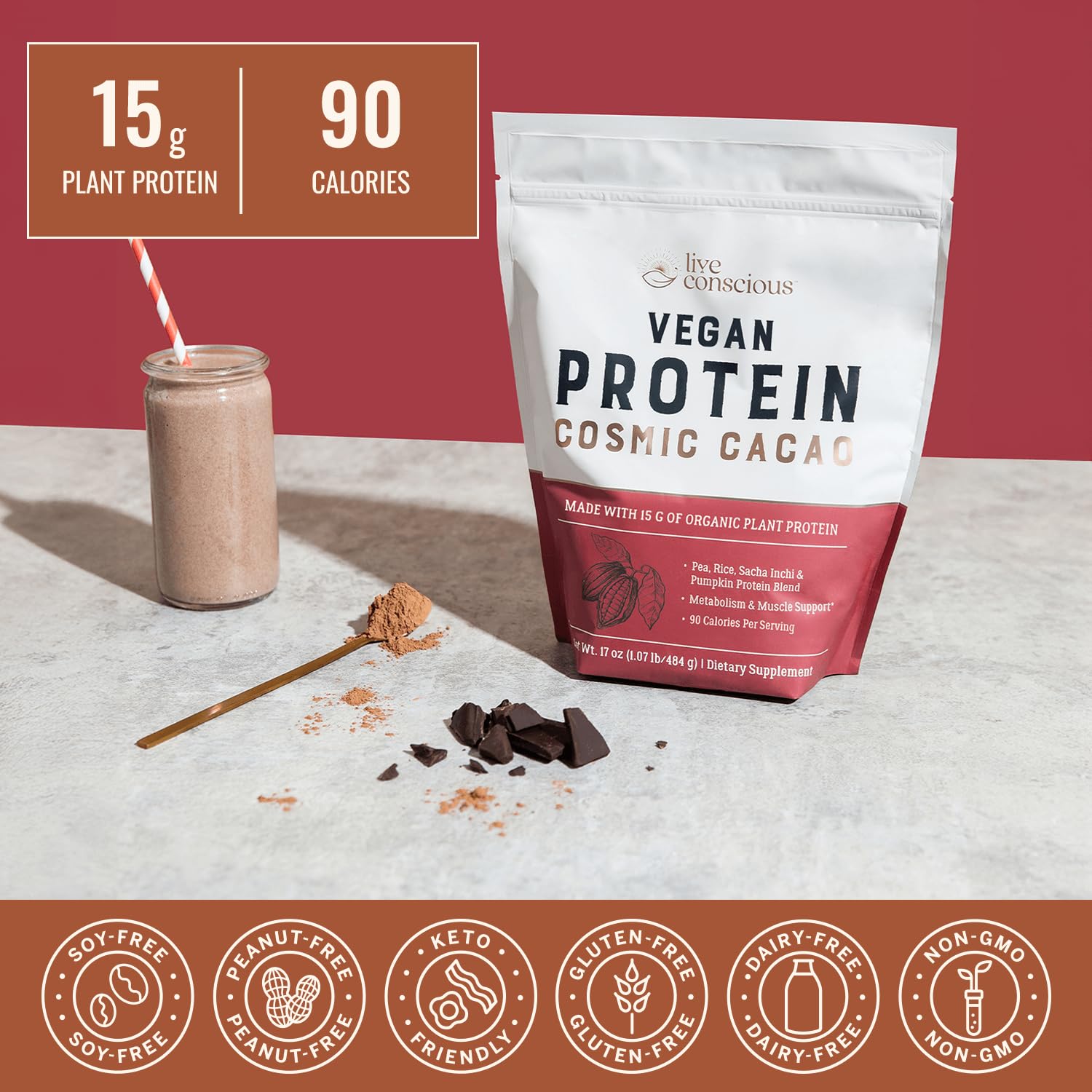 Live Conscious Cosmic Cacao serving spoon beside powder for quick, protein-rich smoothie prep.