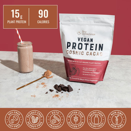 Live Conscious Cosmic Cacao serving spoon beside powder for quick, protein-rich smoothie prep.