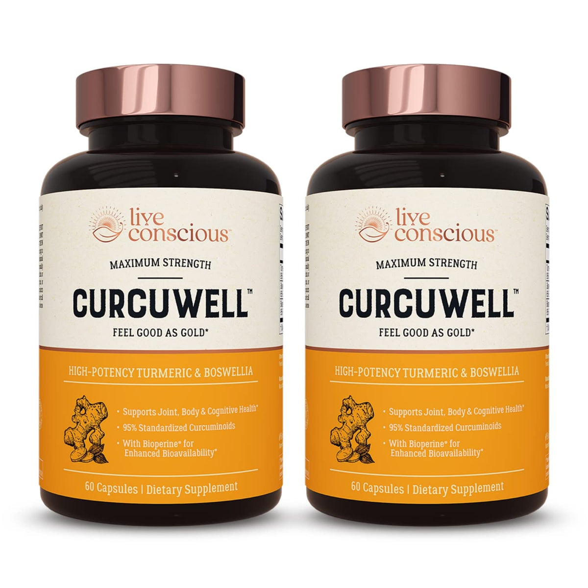 Live Conscious CurcuWell bottle with capsules signaling joint comfort