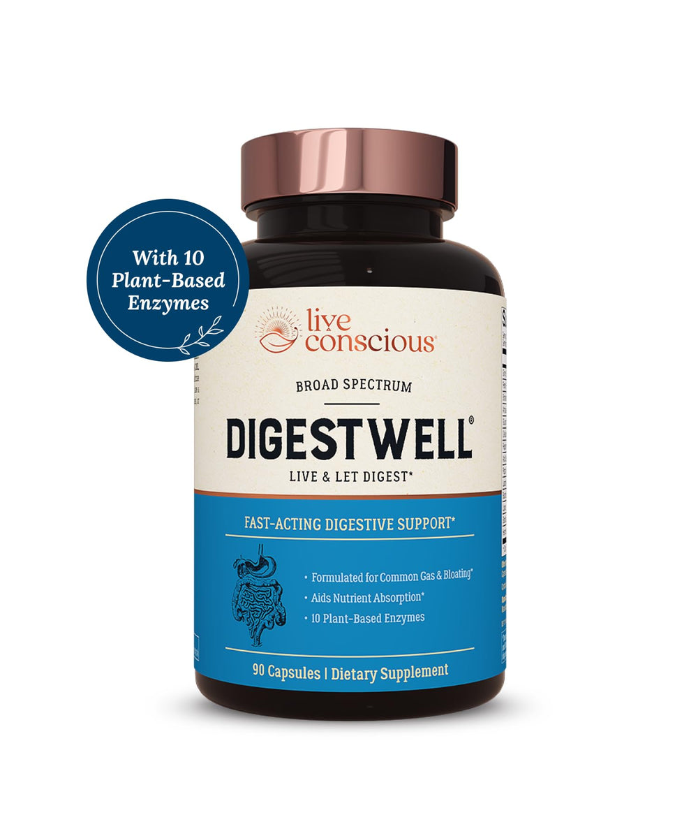 Live Conscious DigestWell bottle label highlights the broad enzyme and probiotic blend.
