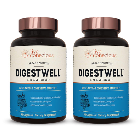 Live Conscious DigestWell bottle pour shows fast-acting support for meals.