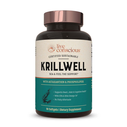 Live Conscious KrillWell bottle label highlighting sustainable krill oil benefits and astaxanthin