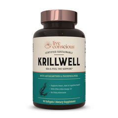 Live Conscious KrillWell bottle label highlighting sustainable krill oil benefits and astaxanthin