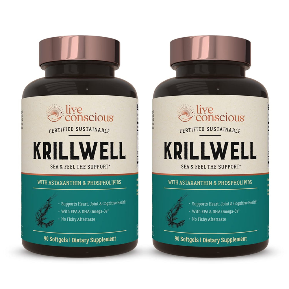 Live Conscious KrillWell softgel bottle on table emphasizes joint and cognitive support.
