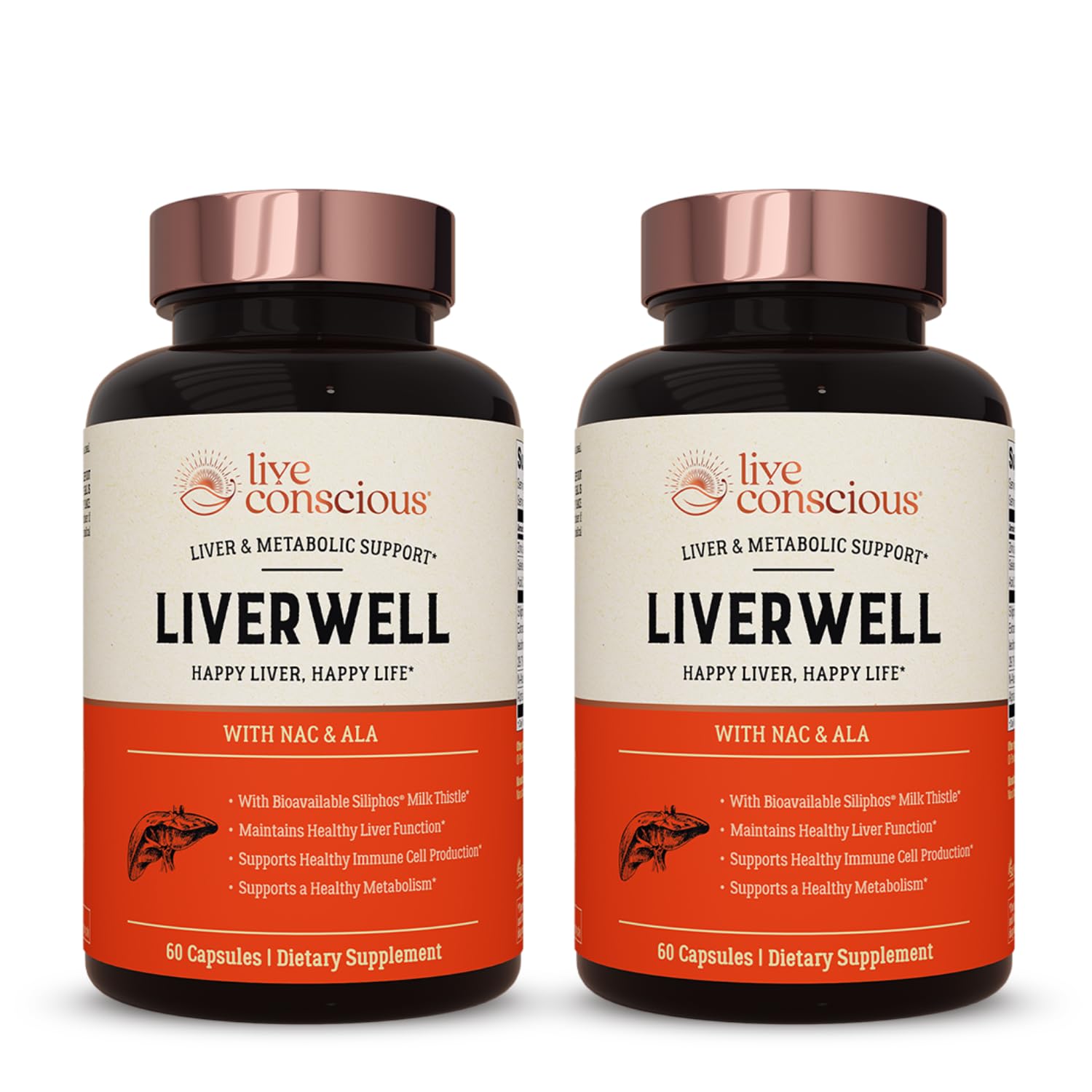 Live Conscious LiverWell bottle label highlighting liver cleansing support with bioavailable milk thistle.