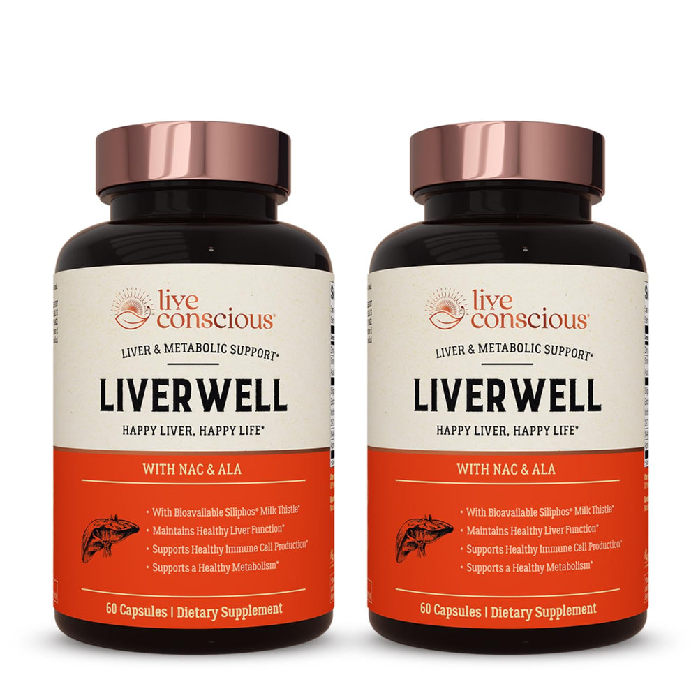 Live Conscious LiverWell bottle label highlighting liver cleansing support with bioavailable milk thistle.