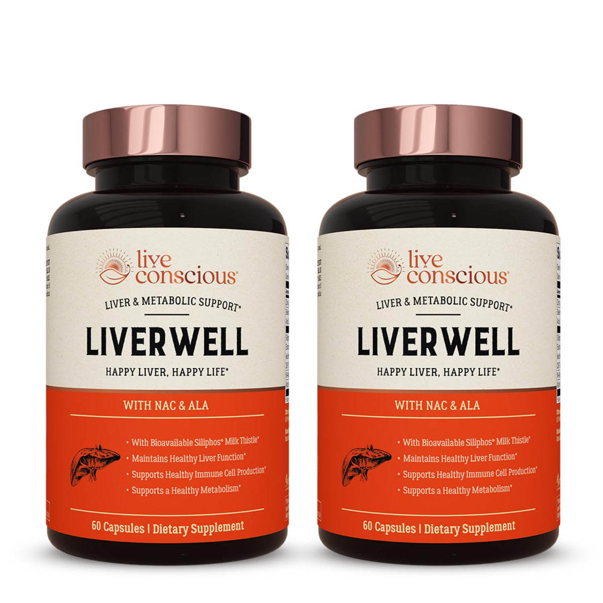 Live Conscious LiverWell bottle label highlighting liver cleansing support with bioavailable milk thistle.