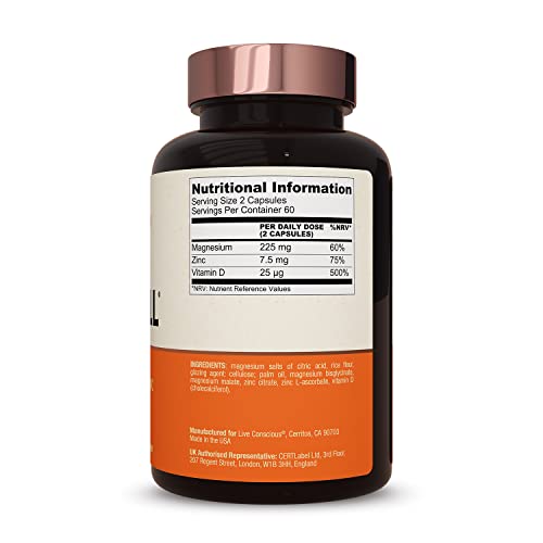 Live Conscious MagWell bottle-back-label explains bioavailable magnesium with zinc and D3.