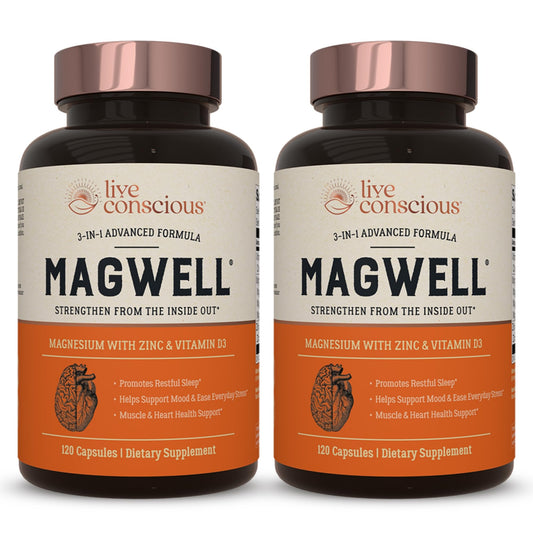 Live Conscious MagWell bottle-front showcasing the product for bone and immune support.