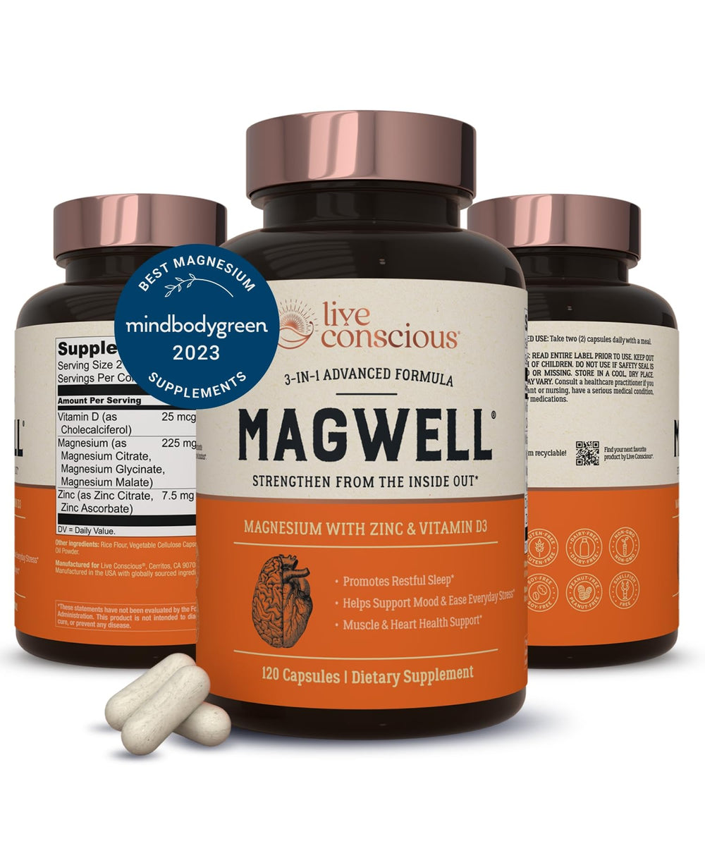 Live Conscious MagWell label detail lists magnesium forms malate glycinate and citrate.