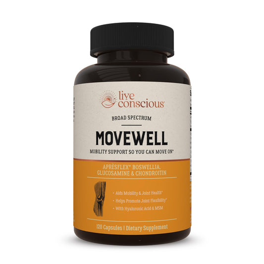 Live Conscious MoveWell bottle front view for everyday joint support and mobility.