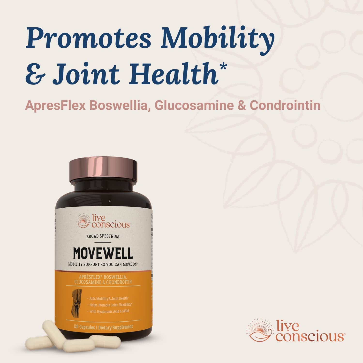 Live Conscious MoveWell packaging box highlights core benefits for joints, mobility, and resilience.