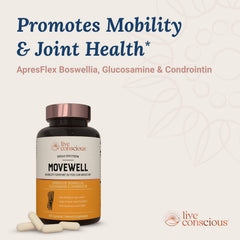 Live Conscious MoveWell packaging box highlights core benefits for joints, mobility, and resilience.