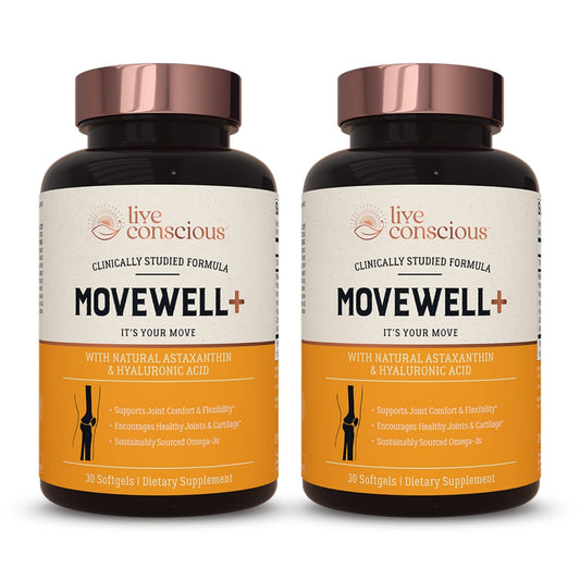 Live Conscious MoveWell Plus krill oil bottle showing premium joint support formula