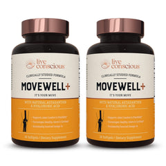 Live Conscious MoveWell Plus krill oil bottle showing premium joint support formula