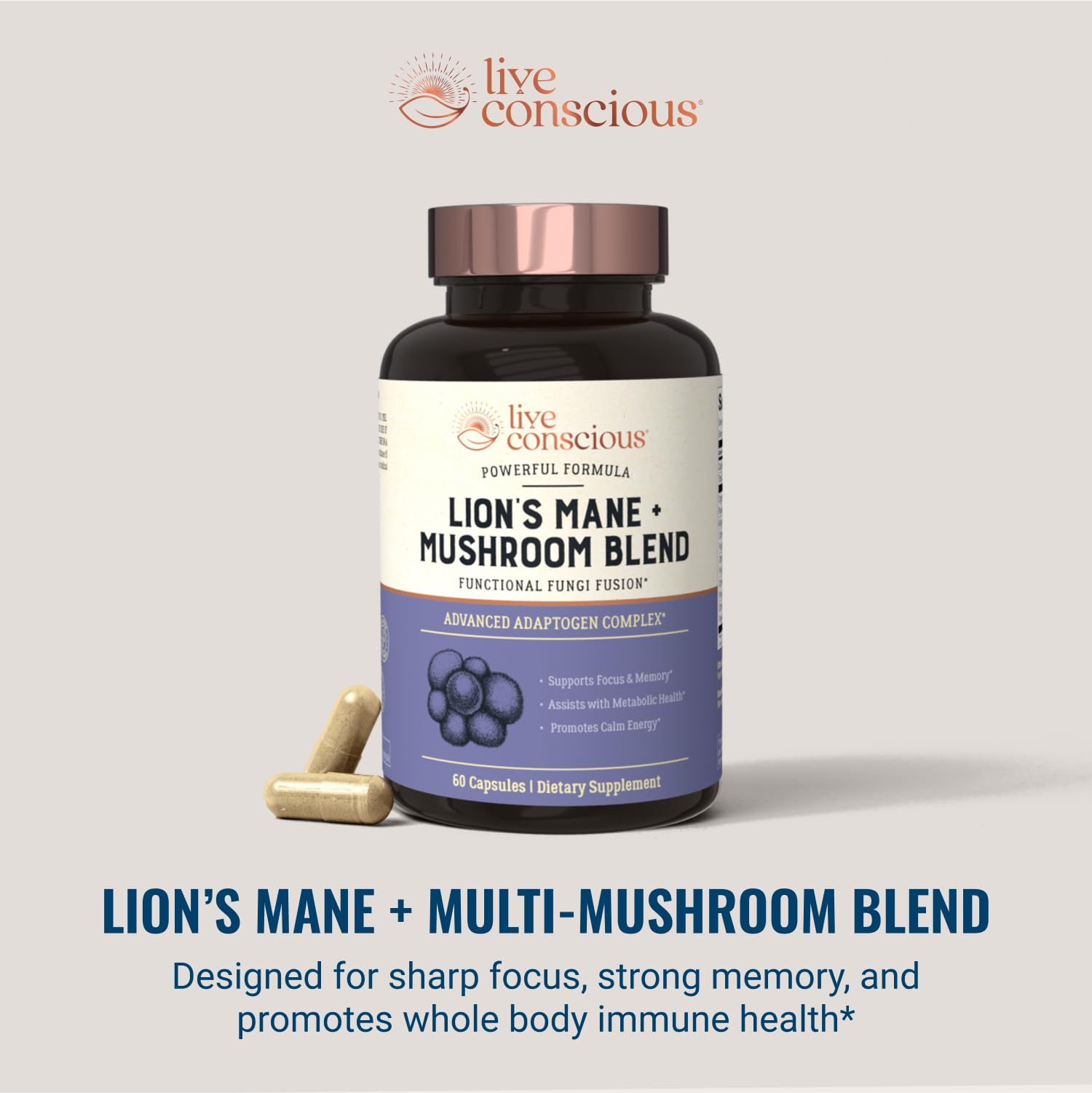 Live Conscious multi mushroom adaptogen packaging box for on the go focus.