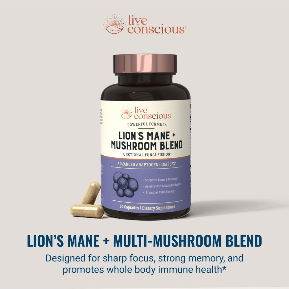 Live Conscious multi mushroom adaptogen packaging box for on the go focus.