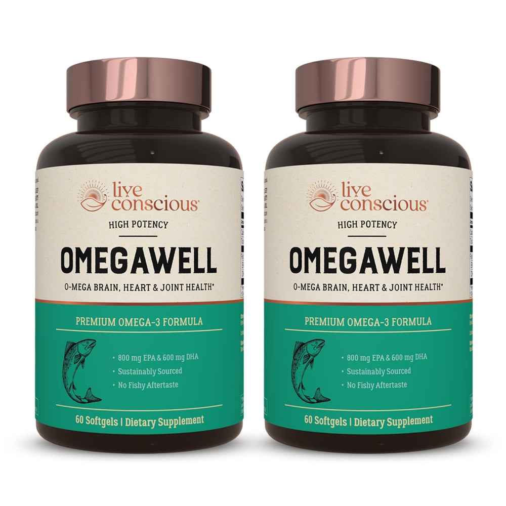 Live Conscious OmegaWell bottle front indicating potential heart and overall wellness support