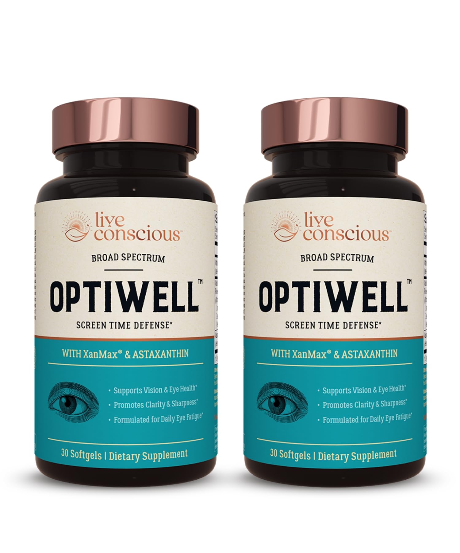 Live Conscious OptiWell bottle front view for daily eye health support.