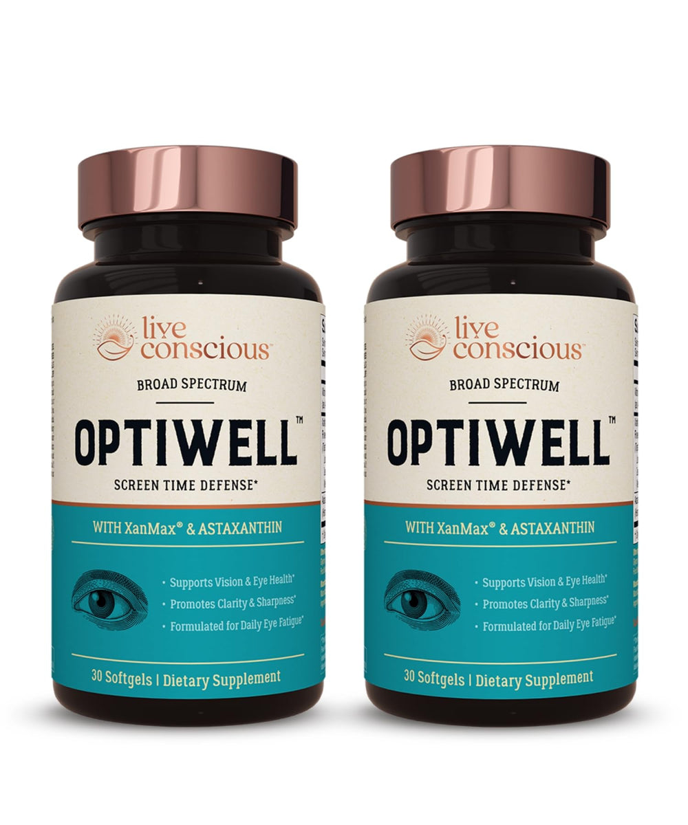Live Conscious OptiWell bottle front view for daily eye health support.