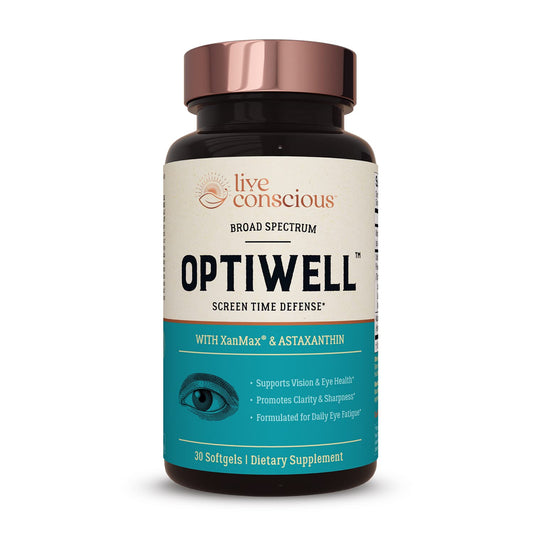 Live Conscious OptiWell bottle with label showing eye health support.