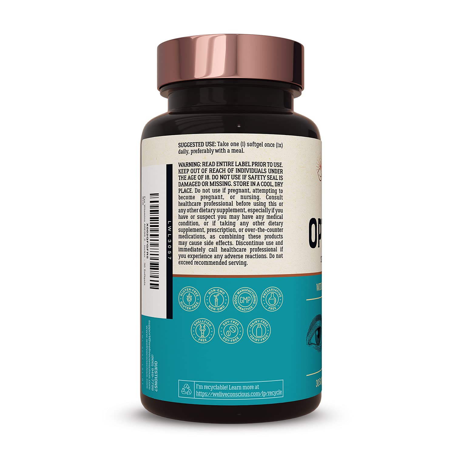 Live Conscious OptiWell label detail showing lutein, zeaxanthin, and astaxanthin.