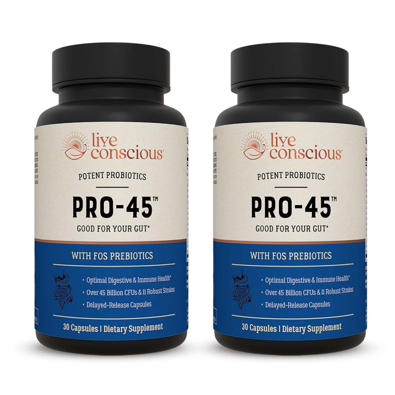 Live Conscious PRO45 bottle pour showing 45B CFU probiotic power for digestive support.