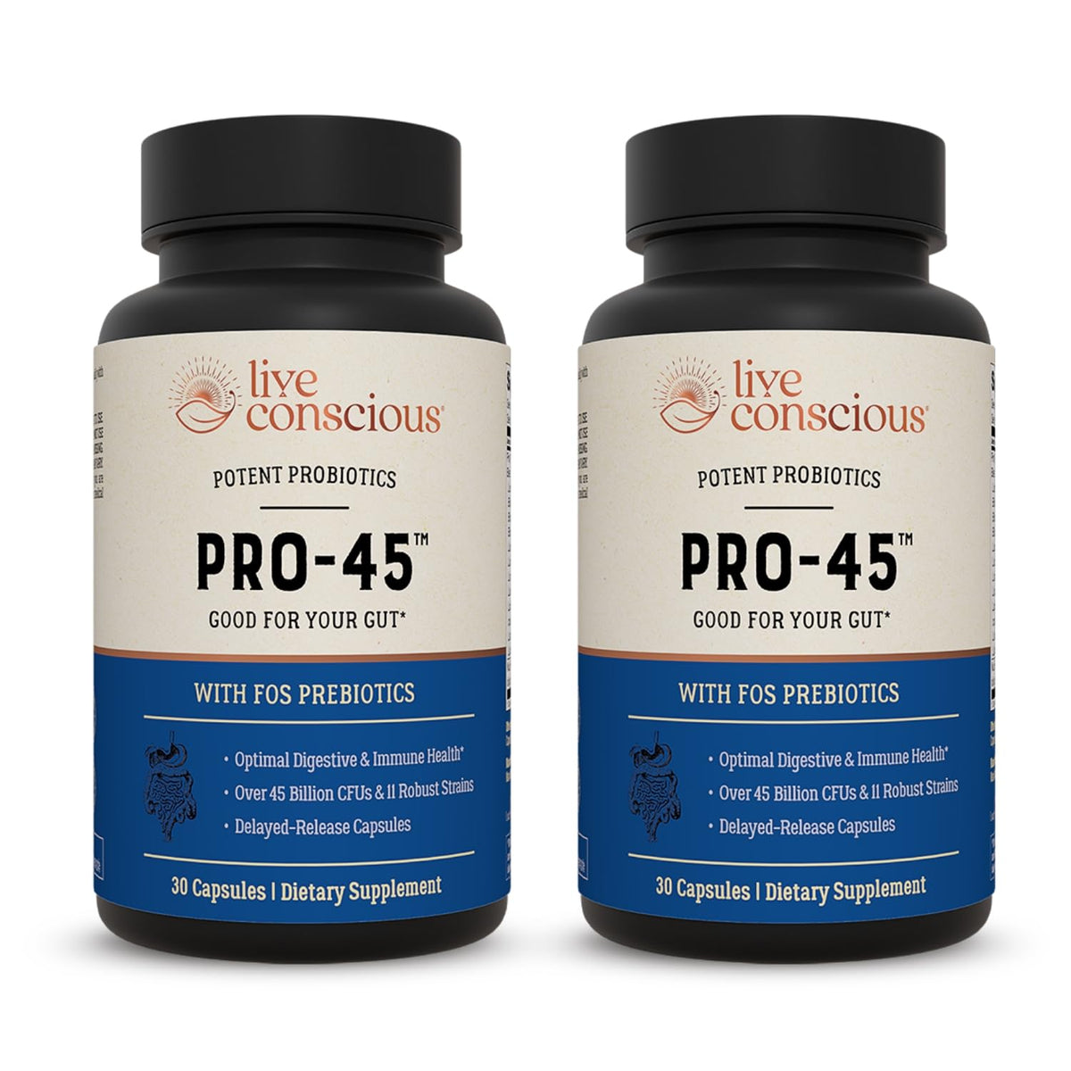 Live Conscious PRO45 bottle pour showing 45B CFU probiotic power for digestive support.