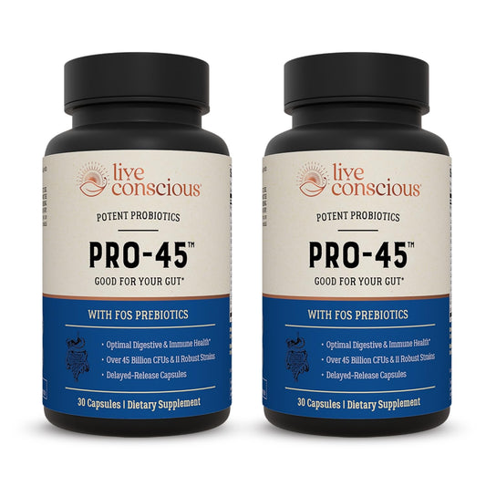 Live Conscious PRO45 bottle pour showing 45B CFU probiotic power for digestive support.