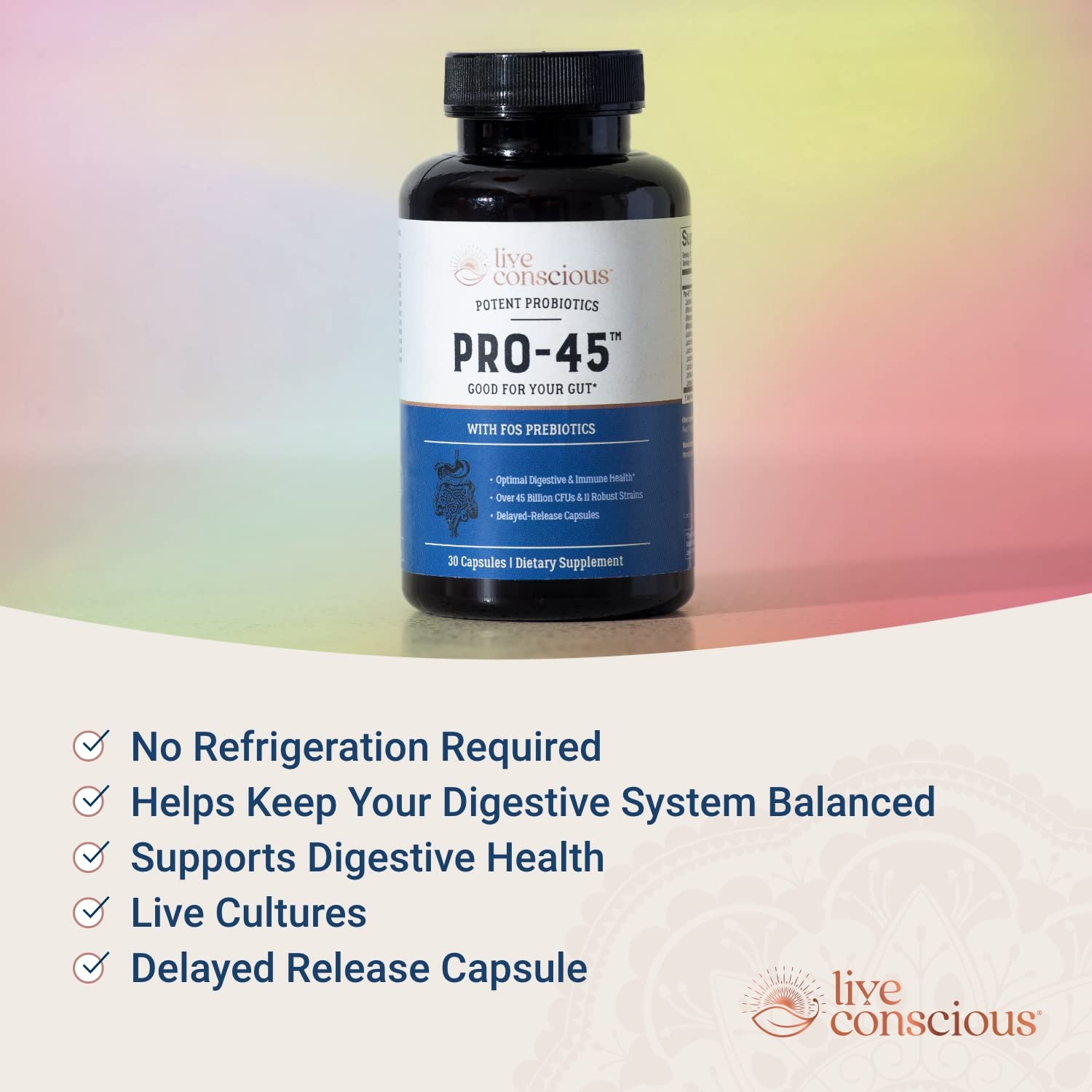 Live Conscious PRO45 dairy-free icon indicating allergy-friendly probiotic option.