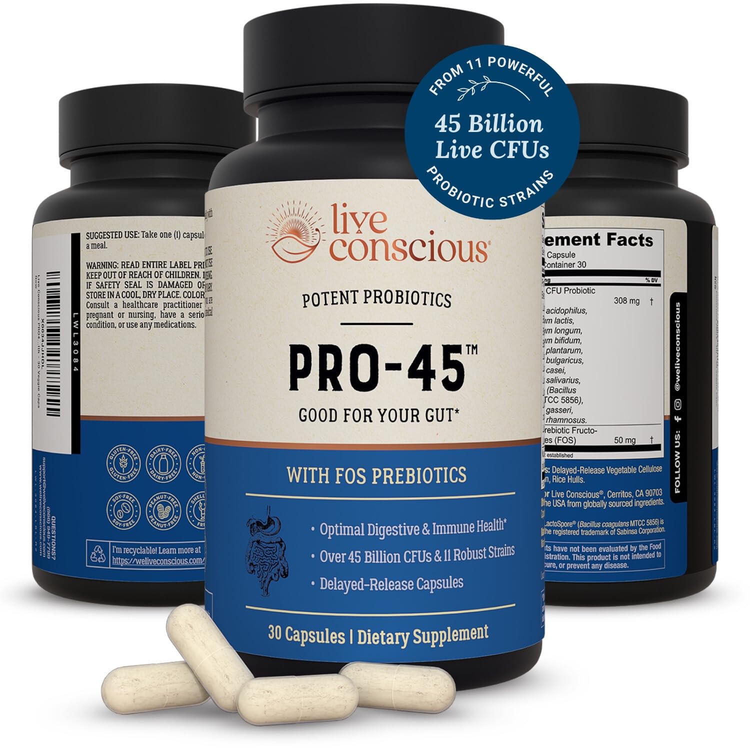 Live Conscious PRO45 immune-support graphic suggesting gut-immune connections.