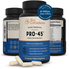 Live Conscious PRO45 immune-support graphic suggesting gut-immune connections.