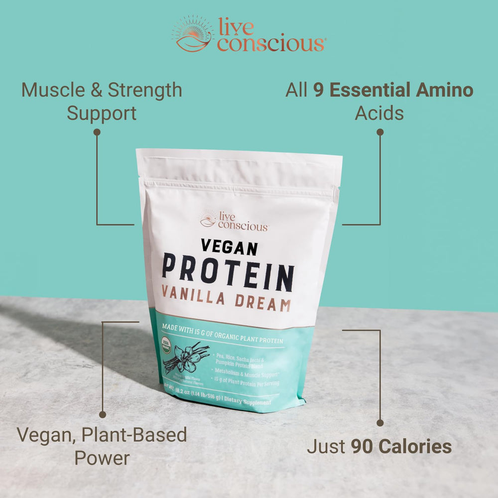 Live Conscious Vanilla Dream vegan pea protein ingredient closeup shows blended amino acids.