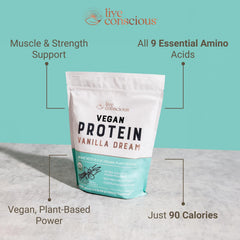 Live Conscious Vanilla Dream vegan pea protein ingredient closeup shows blended amino acids.