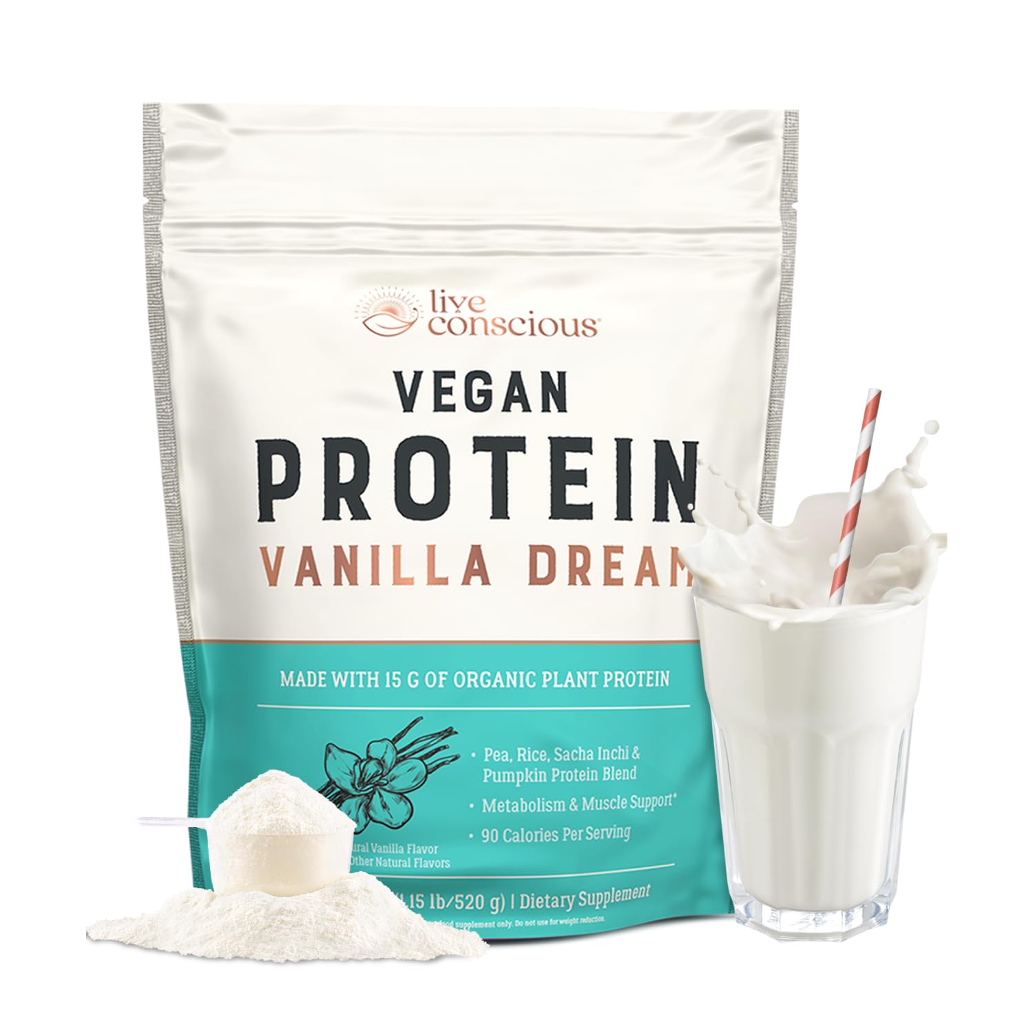 Live Conscious Vanilla Dream vegan pea protein packaging highlights a convenient protein source.