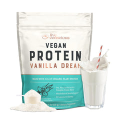 Live Conscious Vanilla Dream vegan pea protein packaging highlights a convenient protein source.