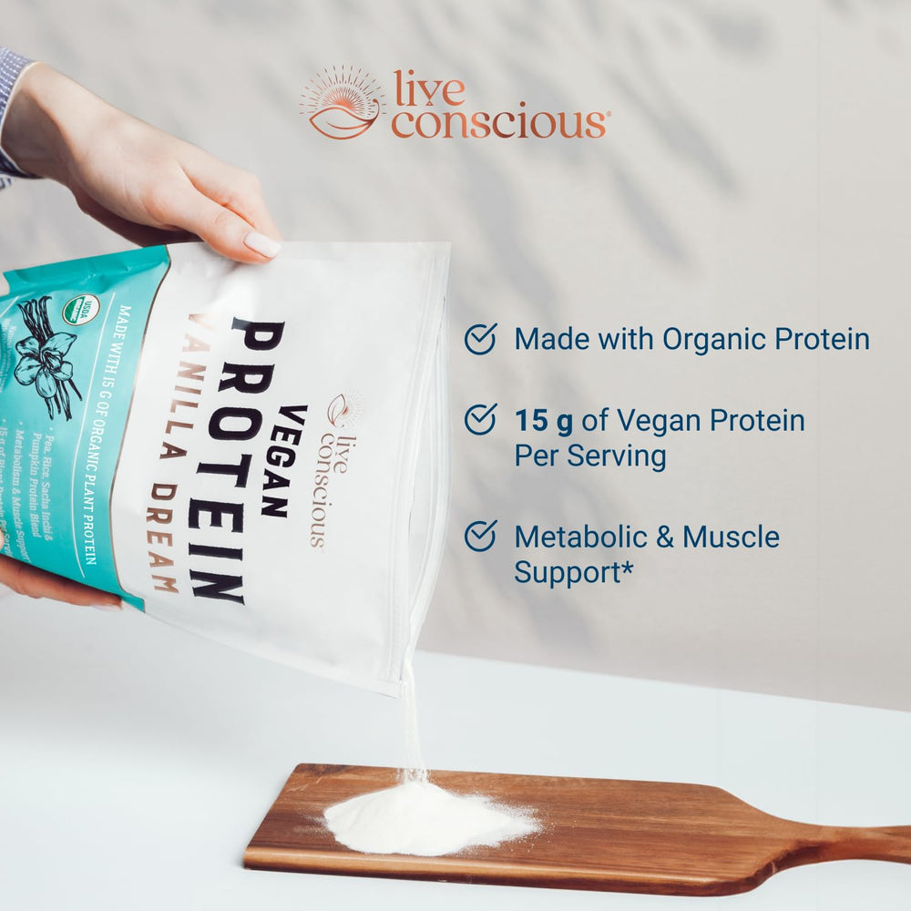 Live Conscious Vanilla Dream vegan pea protein shake pour demonstrates quick, creamy mixing.