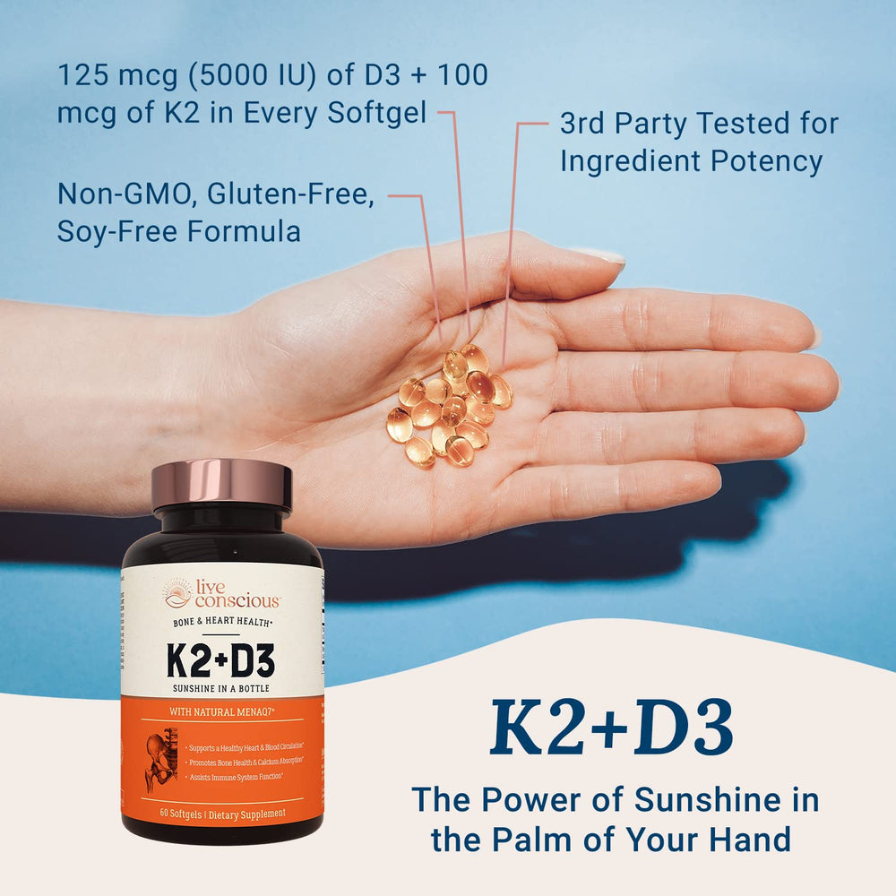 Live Conscious Vitamin D3 5000 IU packaging highlights a dual vitamin blend.