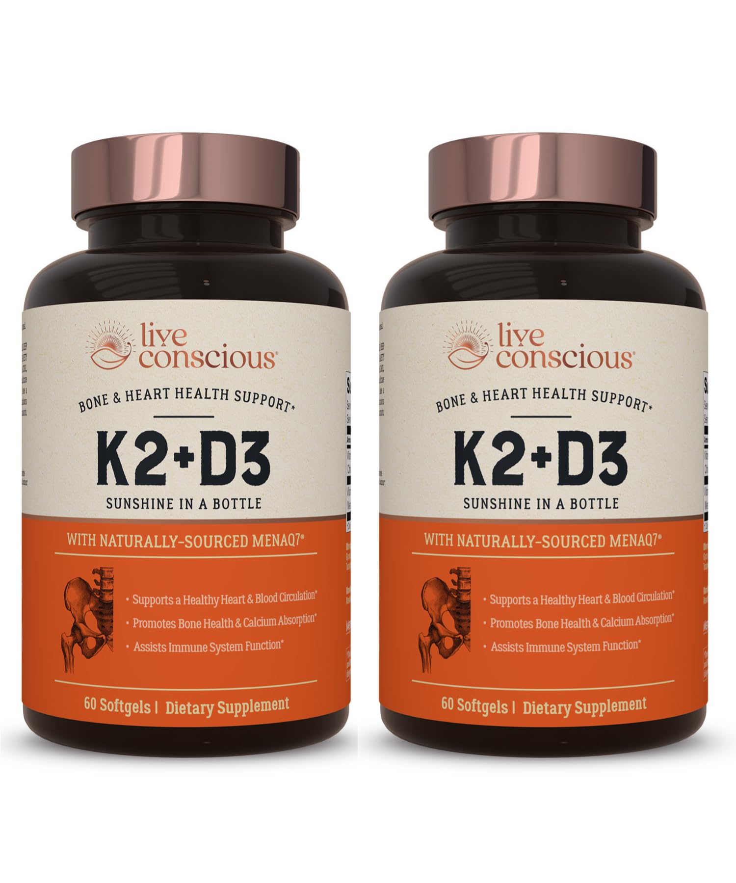 Live Conscious Vitamin K2 MK7 with D3 bottle being poured for daily immune and bone support.