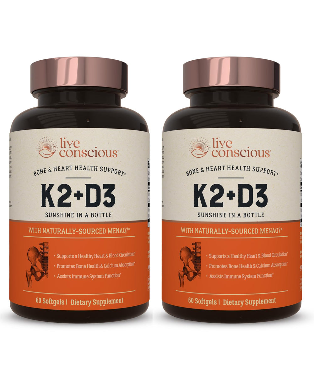 Live Conscious Vitamin K2 MK7 with D3 bottle being poured for daily immune and bone support.