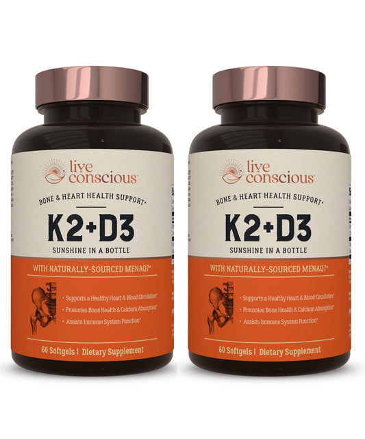 Live Conscious Vitamin K2 MK7 with D3 bottle being poured for daily immune and bone support.