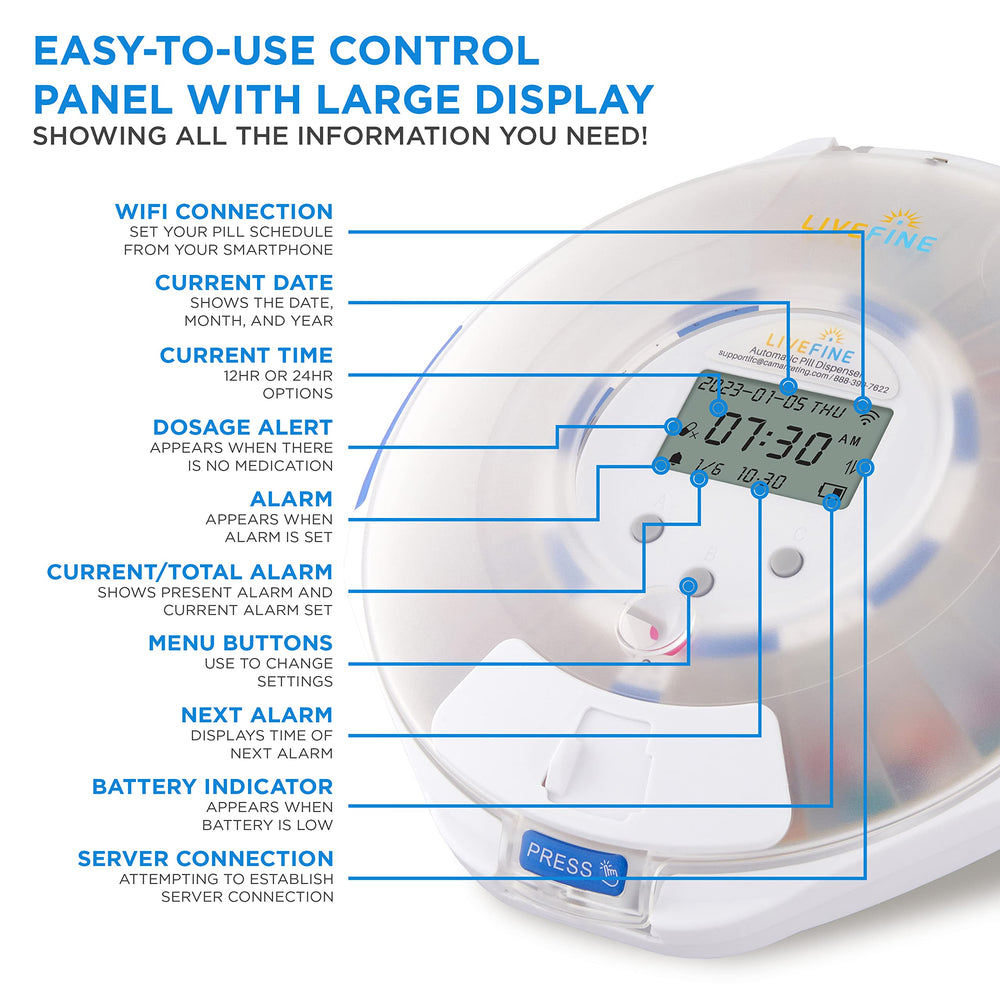 Live Fine large LCD display shows time and alarms clearly.