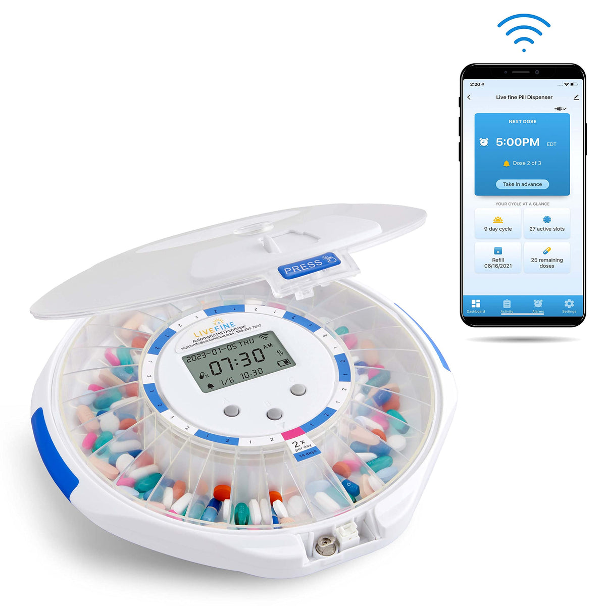 Live Fine pill dispenser with frosted lid facilitates easy daily medication routine.
