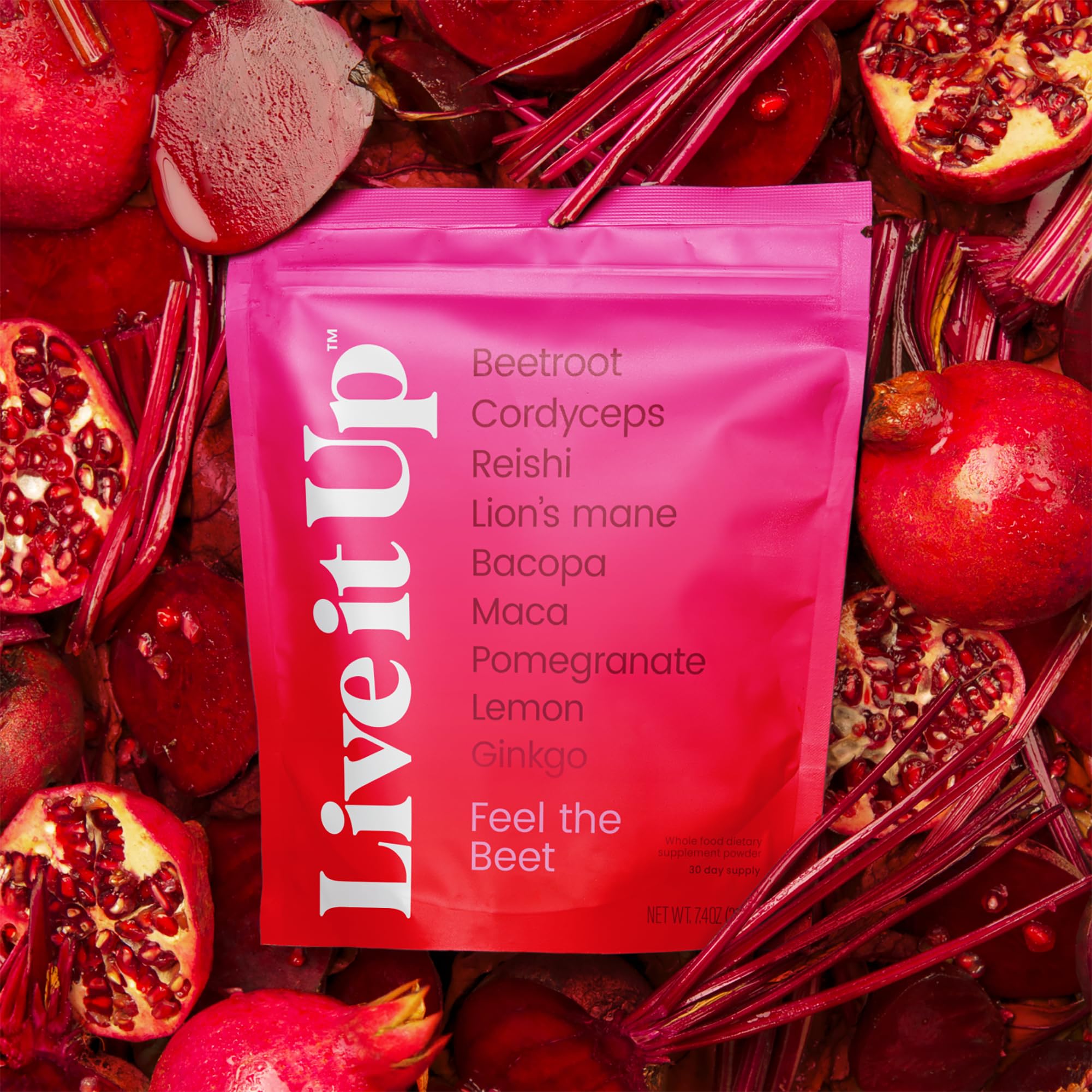 LIVE IT UP Feel The Beet ingredient graphic highlights beetroot and adaptogens benefits.