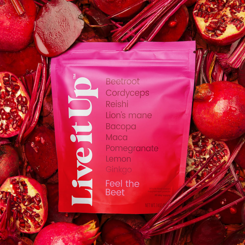 LIVE IT UP Feel The Beet ingredient graphic highlights beetroot and adaptogens benefits.