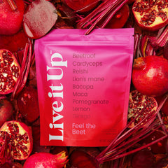 LIVE IT UP Feel The Beet ingredient graphic highlights beetroot and adaptogens benefits.