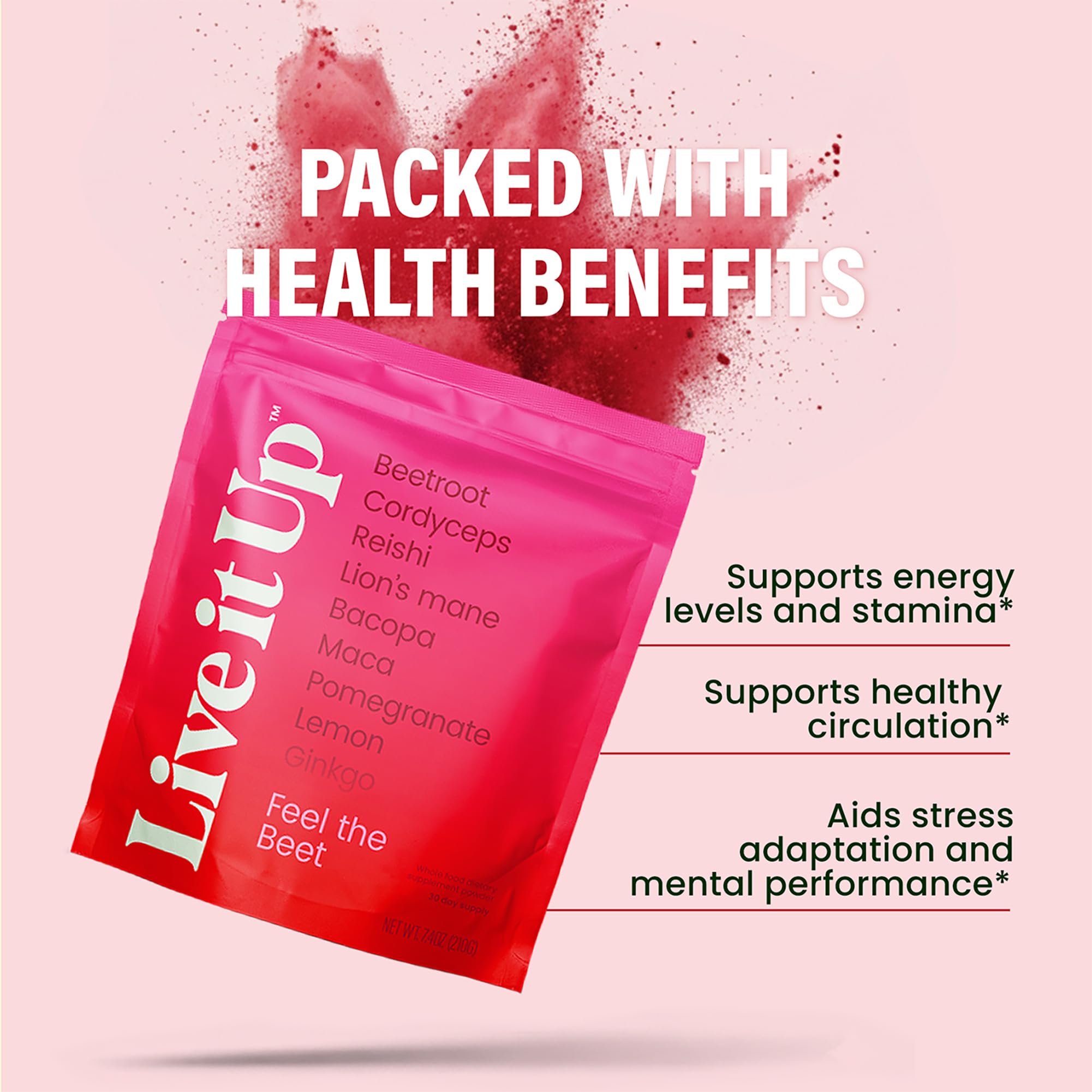 LIVE IT UP Feel The Beet jar closeup highlights premium beetroot and adaptogens.