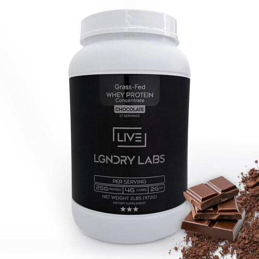 LIVE LGNDRY LABS grass-fed whey protein bottle showing pure ingredients and clean sourcing