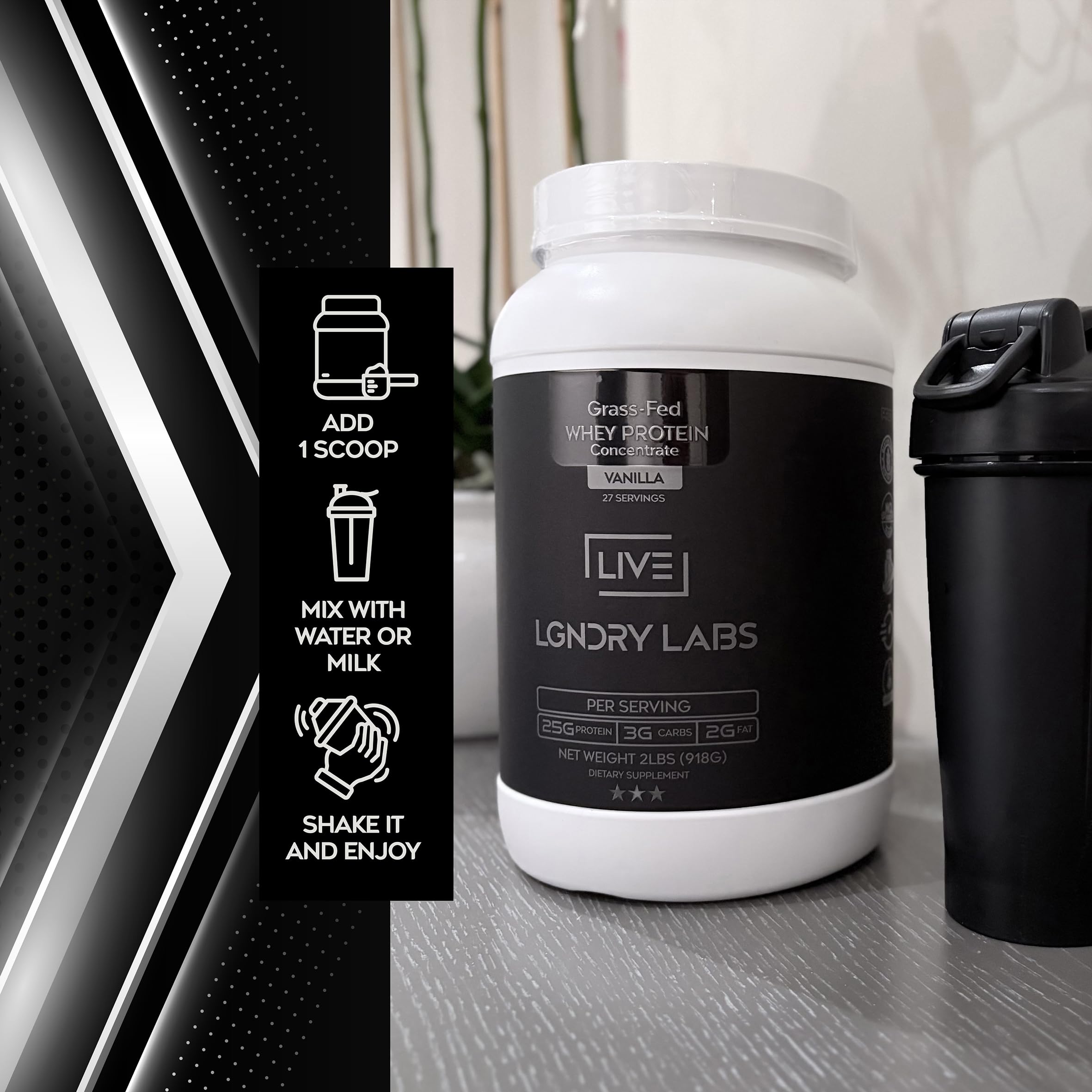 LIVE LGNDRY LABS creamy whey mixes smoothly in a shaker bottle.