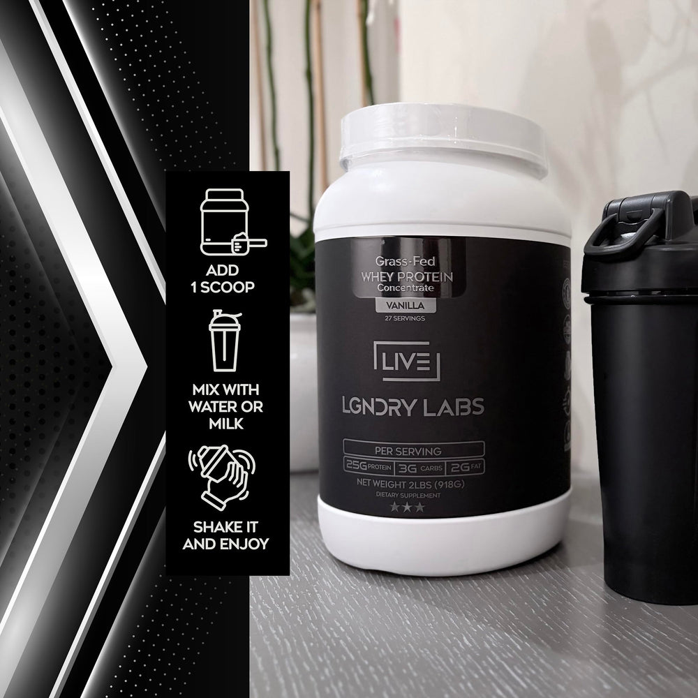 LIVE LGNDRY LABS creamy whey mixes smoothly in a shaker bottle.